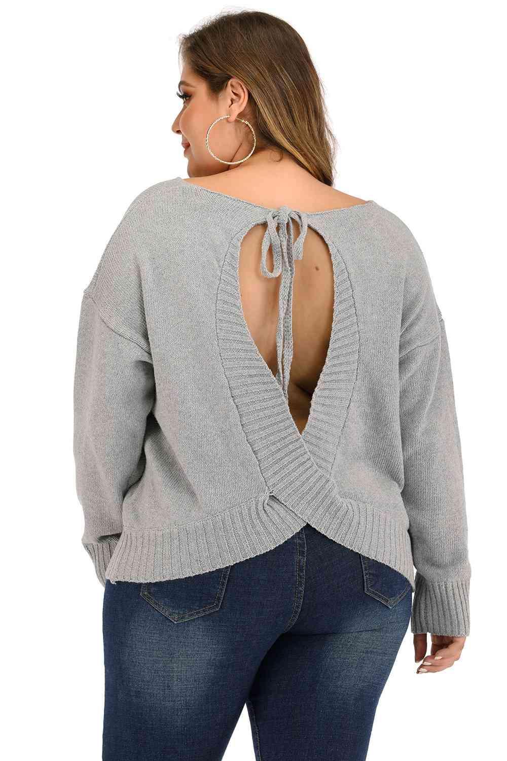 Cutout Tie Back Plus Size V Neck Pullover Sweater - MXSTUDIO.COM
