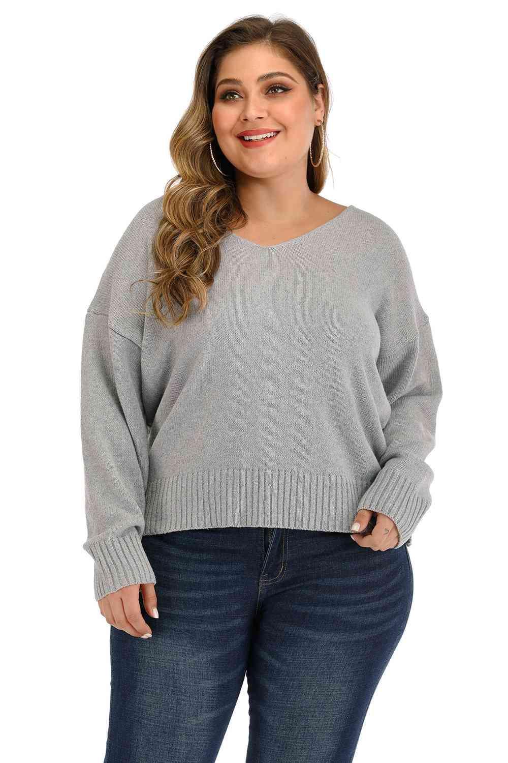 Cutout Tie Back Plus Size V Neck Pullover Sweater - MXSTUDIO.COM