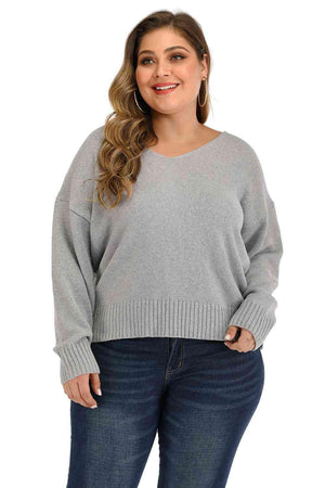 Cutout Tie Back Plus Size V Neck Pullover Sweater - MXSTUDIO.COM