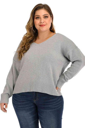 Cutout Tie Back Plus Size V Neck Pullover Sweater - MXSTUDIO.COM