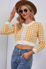 Dainty And Warm Plaid Buttoned Cropped Cardigan-MXSTUDIO.COM
