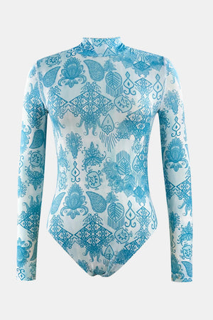 a blue and white bodysuit with a design on it