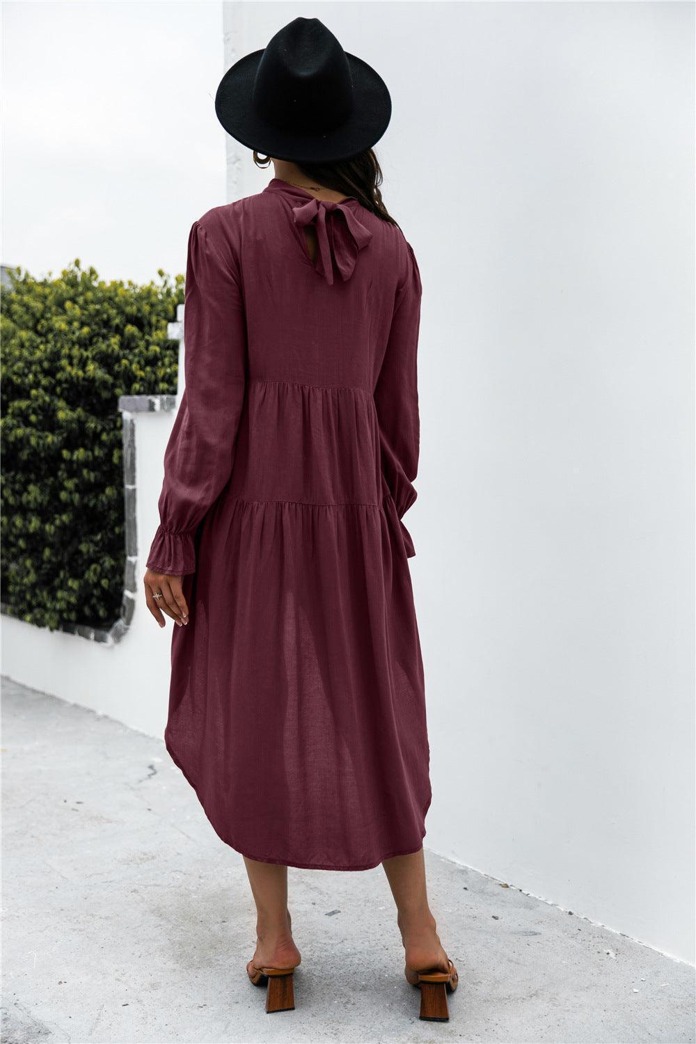 Dangling Pleated Mock Neck High Low Dress - MXSTUDIO.COM