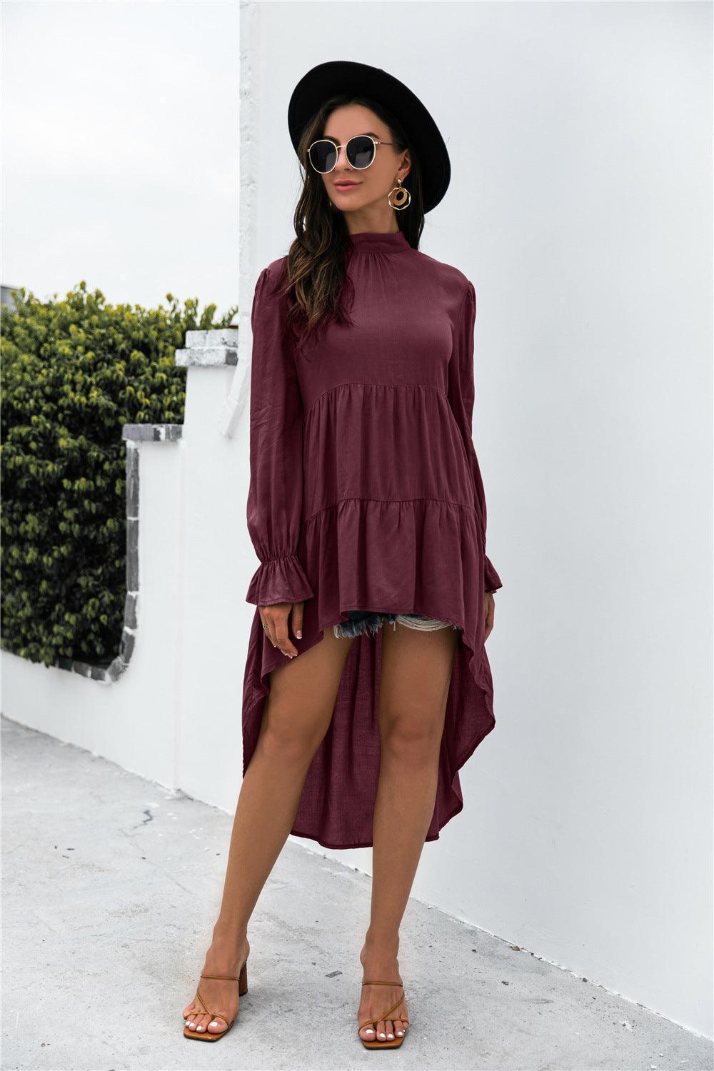 Dangling Pleated Mock Neck High Low Dress - MXSTUDIO.COM