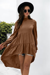 Dangling Pleated Mock Neck High Low Dress - MXSTUDIO.COM