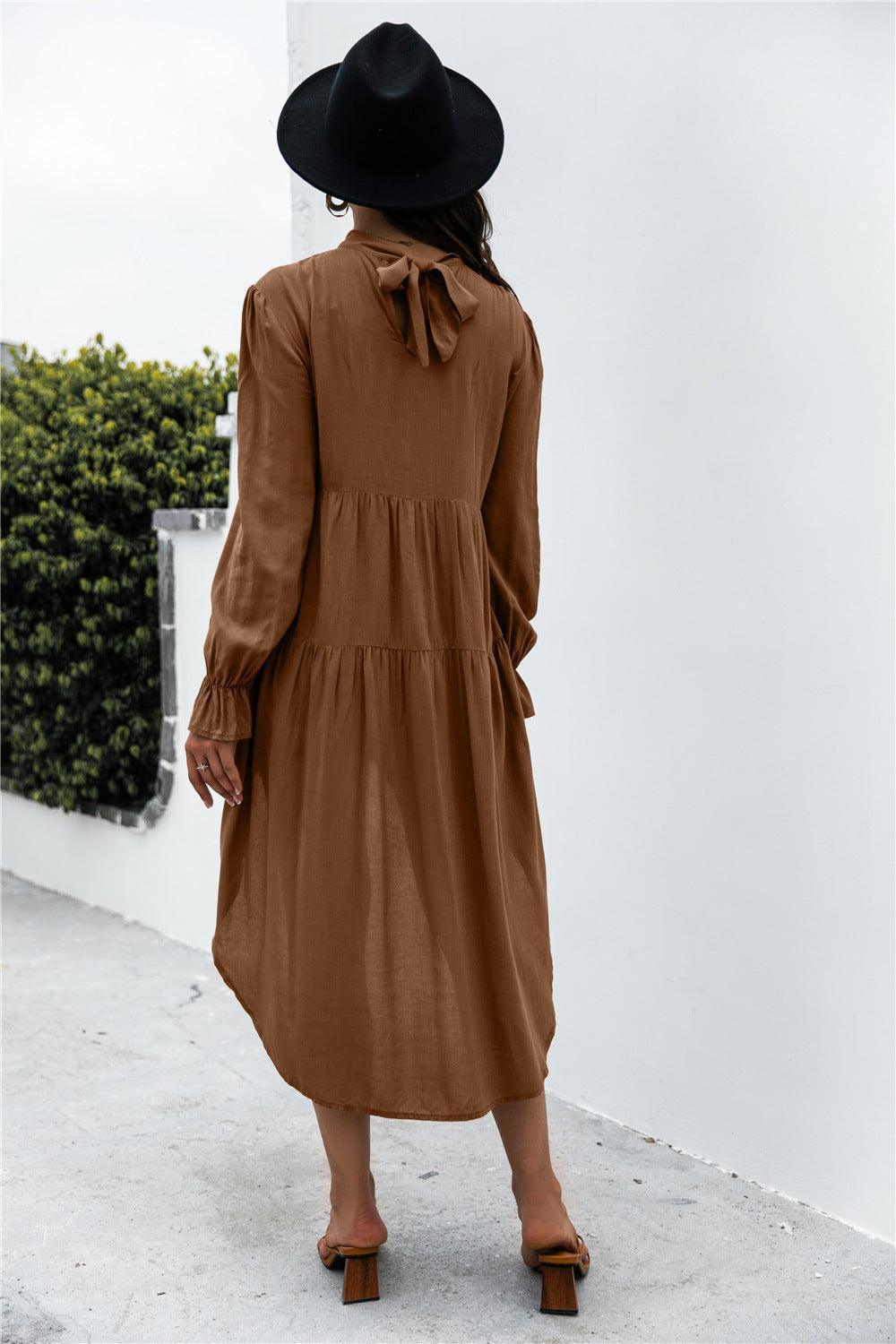 Dangling Pleated Mock Neck High Low Dress - MXSTUDIO.COM