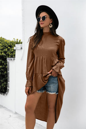 Dangling Pleated Mock Neck High Low Dress - MXSTUDIO.COM