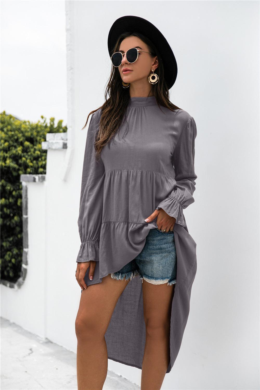 Dangling Pleated Mock Neck High Low Dress - MXSTUDIO.COM