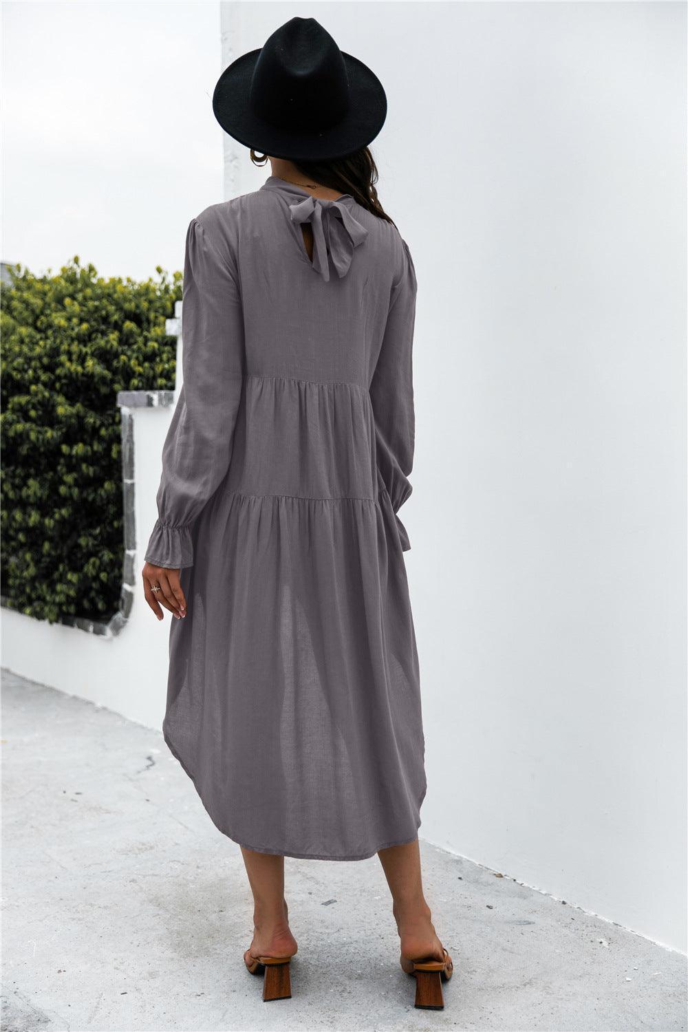 Dangling Pleated Mock Neck High Low Dress - MXSTUDIO.COM