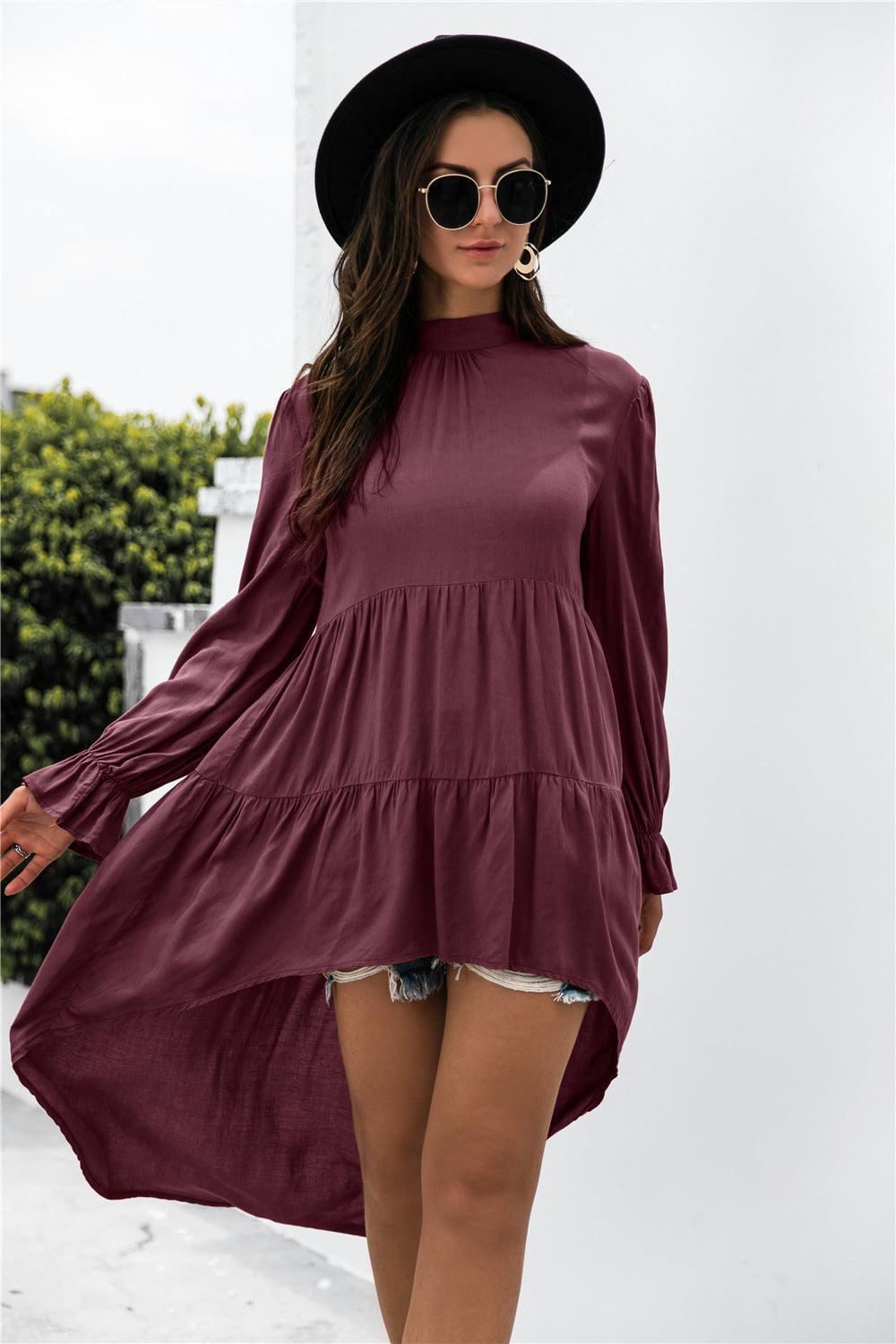 Dangling Pleated Mock Neck High Low Dress - MXSTUDIO.COM