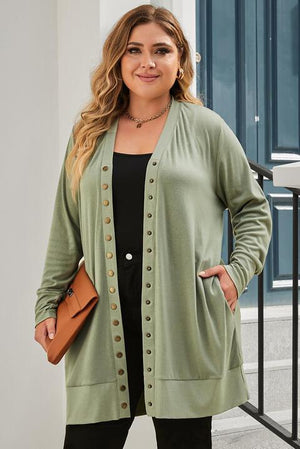 Dashing Snap Buttoned Plus Size Green Cardigan - MXSTUDIO.COM