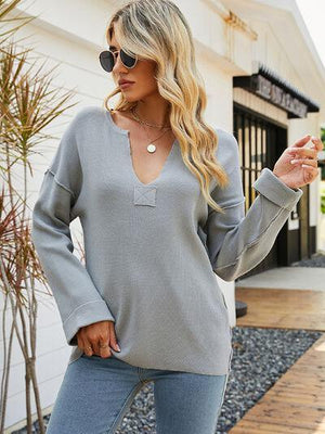 Day Off Feels Gray Notch-Neck Sweater-MXSTUDIO.COM