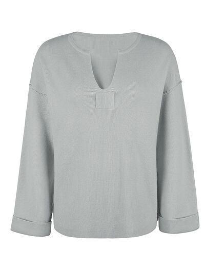 Day Off Feels Gray Notch-Neck Sweater-MXSTUDIO.COM