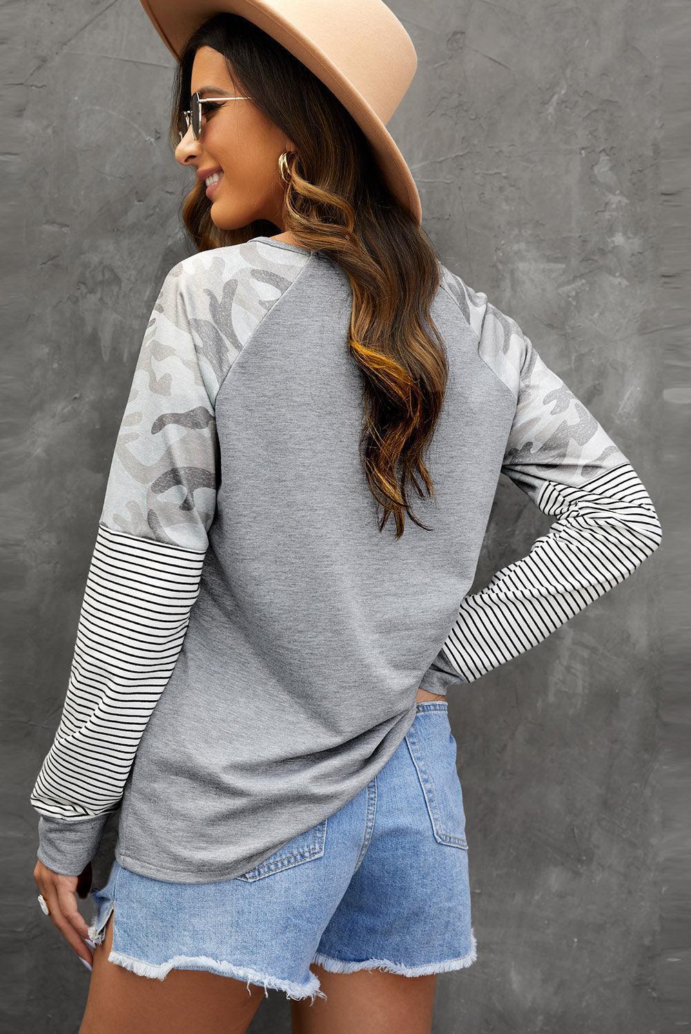 Day Off Fun Camo Striped Raglan Long Sleeve T Shirt - MXSTUDIO.COM