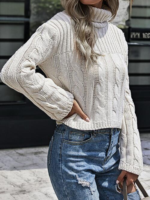 Day-To-Day Comfort Cable Knit Turtleneck Sweater-MXSTUDIO.COM