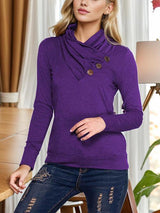 a woman in a purple shirt is posing for a picture