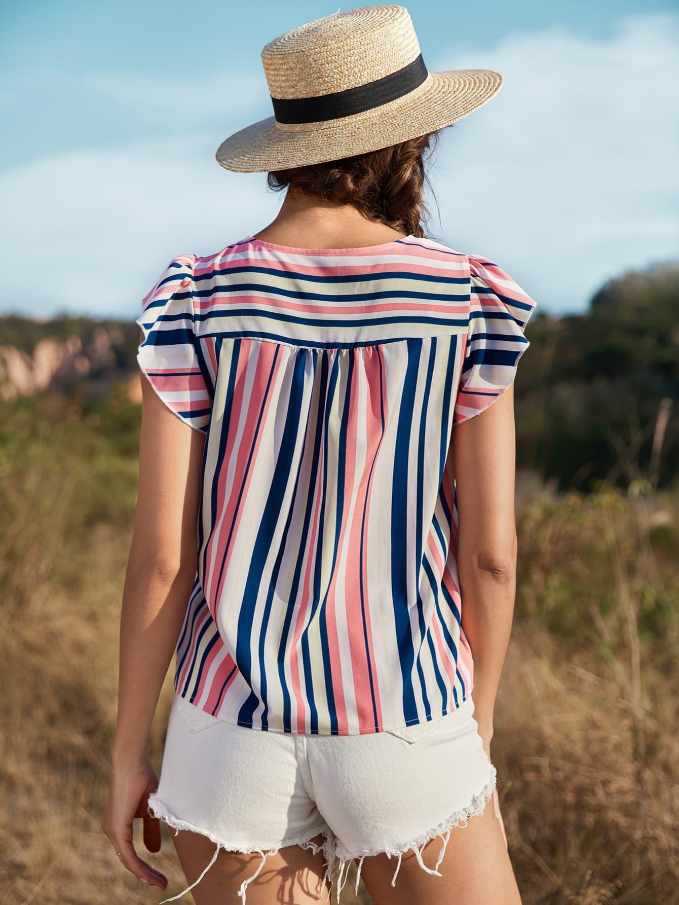 Days In The Sun Striped Cap Sleeve Blouse - MXSTUDIO.COM