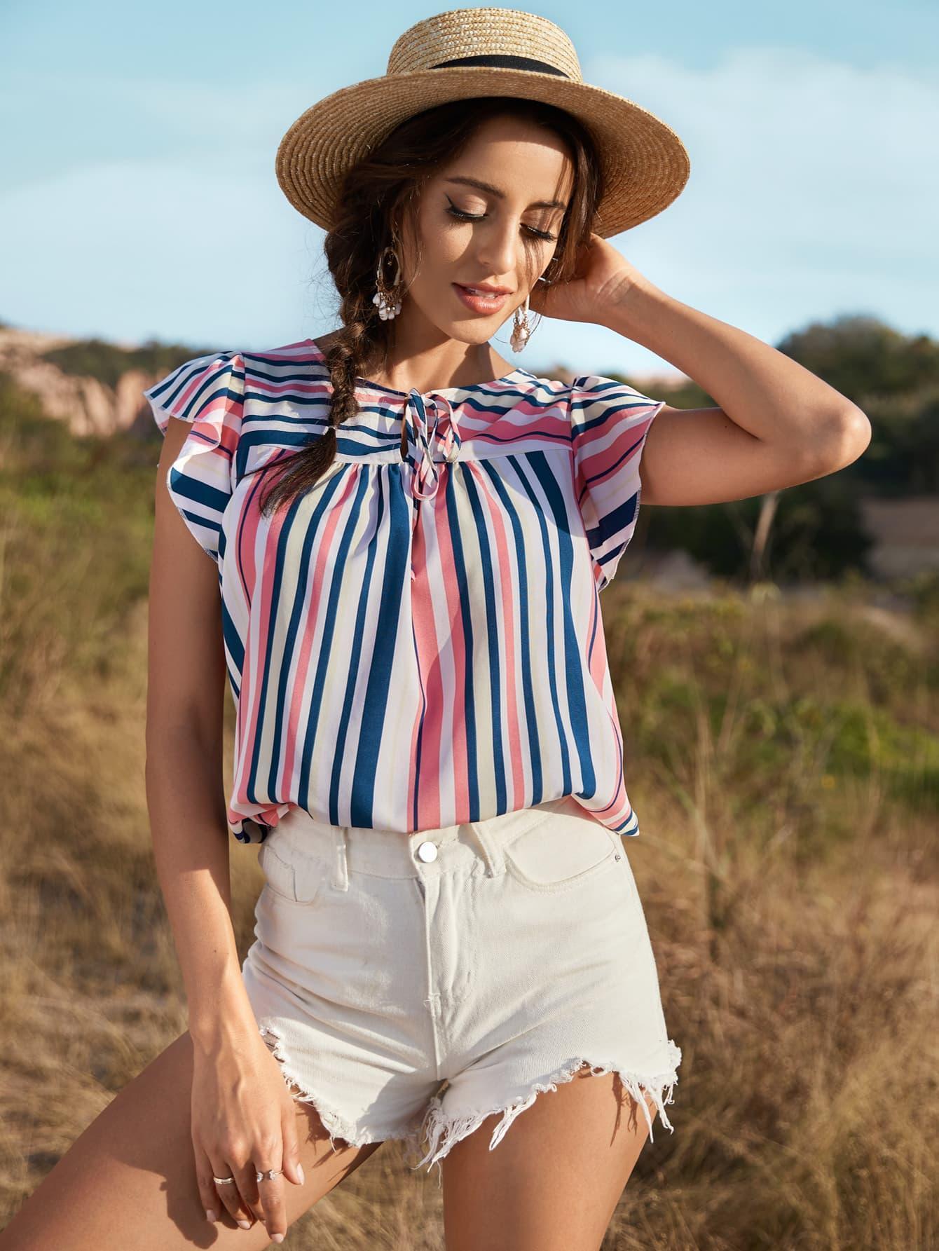 Days In The Sun Striped Cap Sleeve Blouse - MXSTUDIO.COM