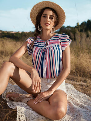 Days In The Sun Striped Cap Sleeve Blouse - MXSTUDIO.COM