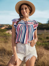 Days In The Sun Striped Cap Sleeve Blouse - MXSTUDIO.COM