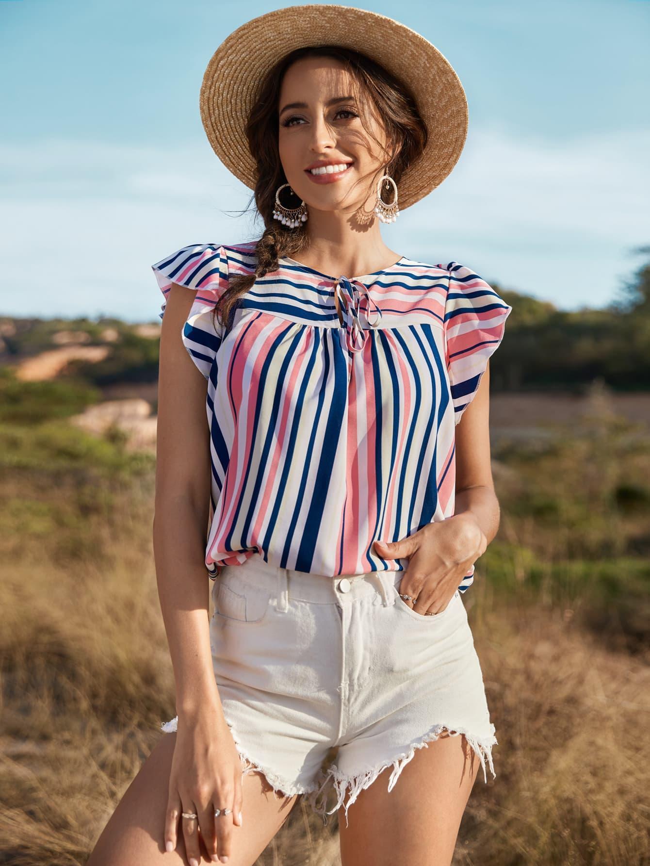 Days In The Sun Striped Cap Sleeve Blouse - MXSTUDIO.COM