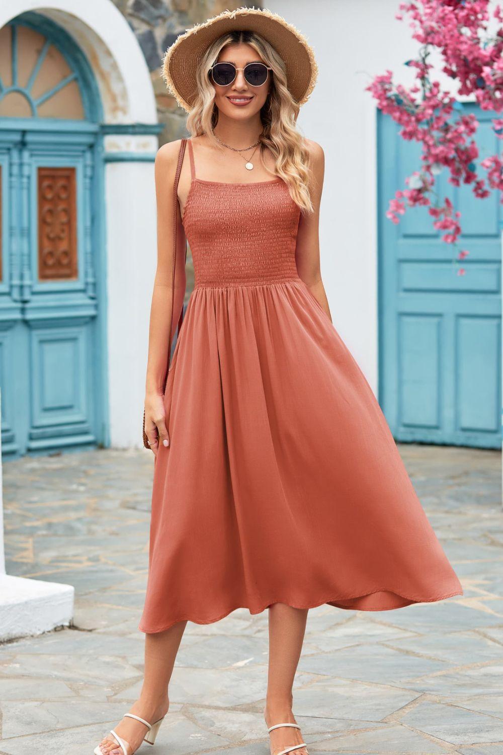 Dazzling Summer Smocked Spaghetti Strap Midi Dress - MXSTUDIO.COM