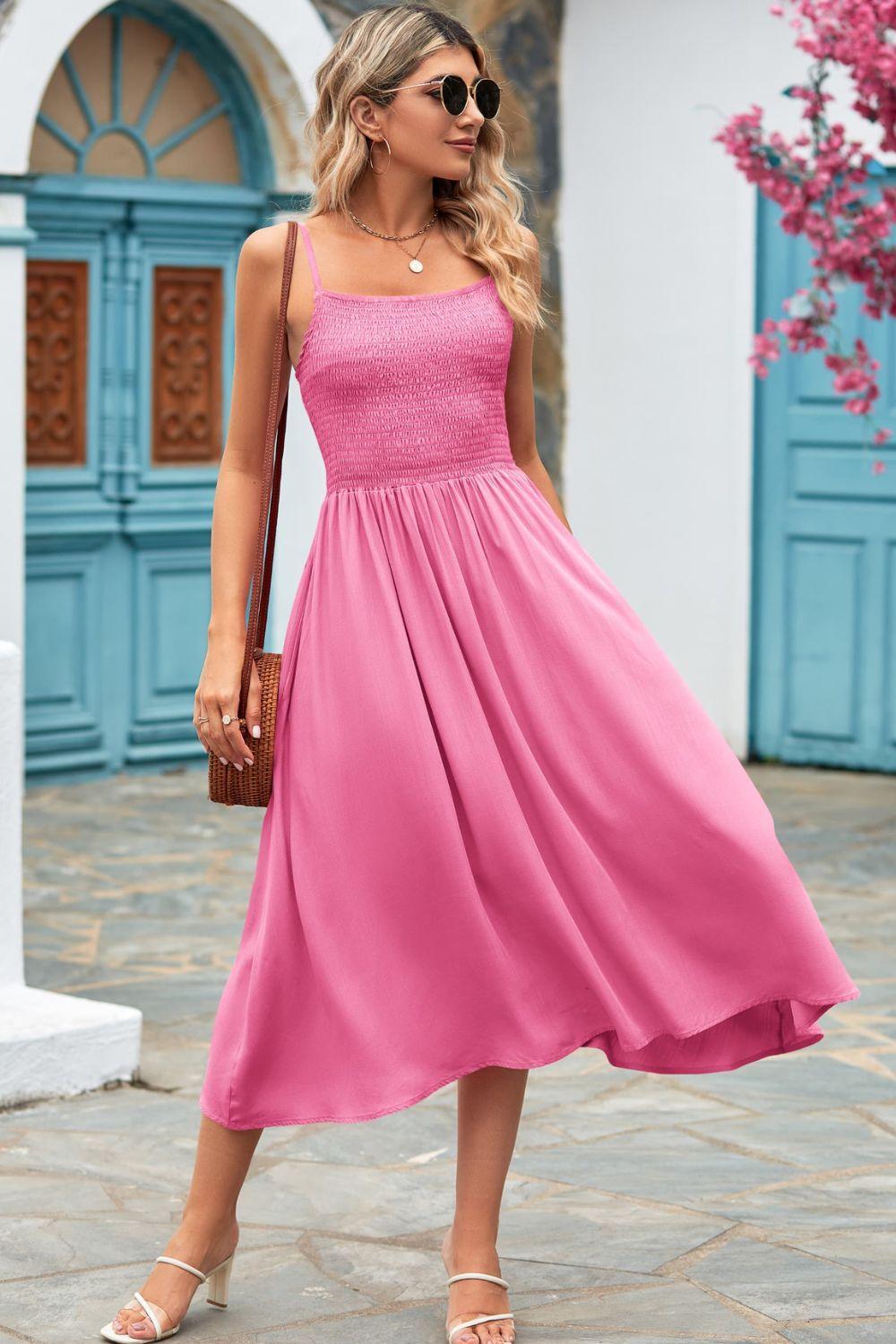 Dazzling Summer Smocked Spaghetti Strap Midi Dress - MXSTUDIO.COM