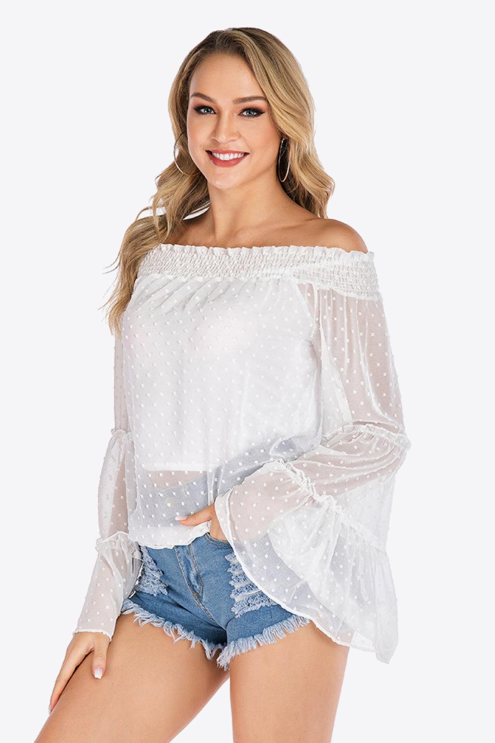 Dazzling Swiss Dot White Off Shoulder Blouse - MXSTUDIO.COM