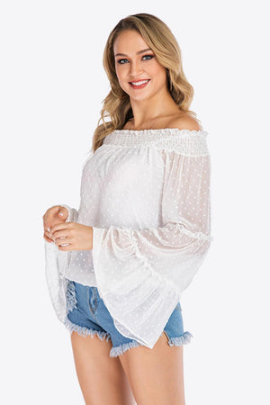 Dazzling Swiss Dot White Off Shoulder Blouse - MXSTUDIO.COM