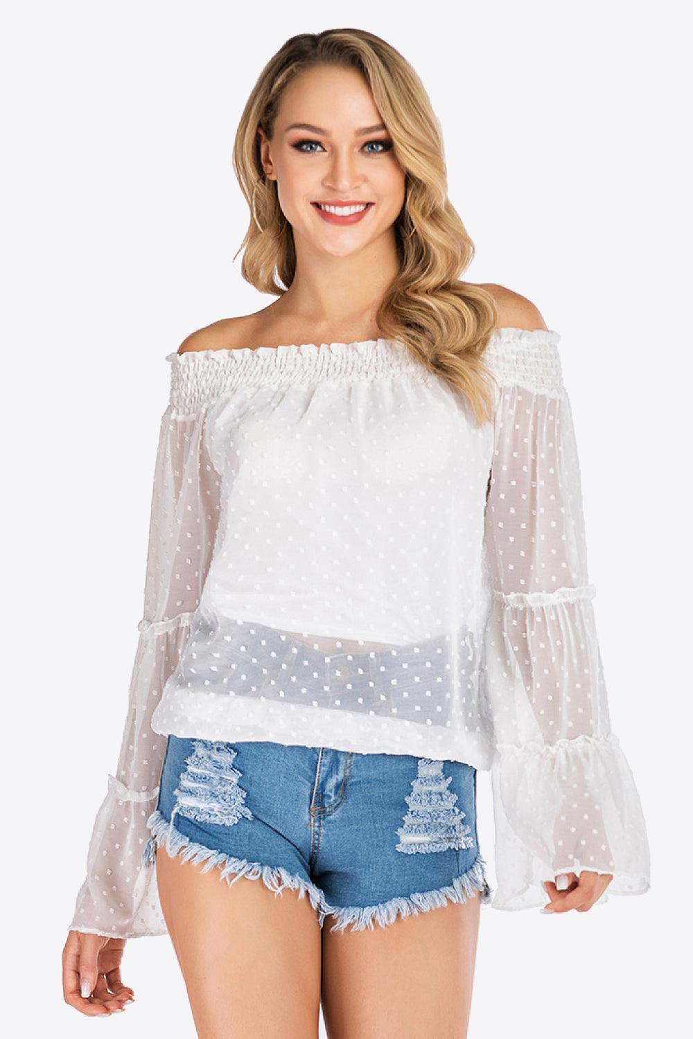 Dazzling Swiss Dot White Off Shoulder Blouse - MXSTUDIO.COM