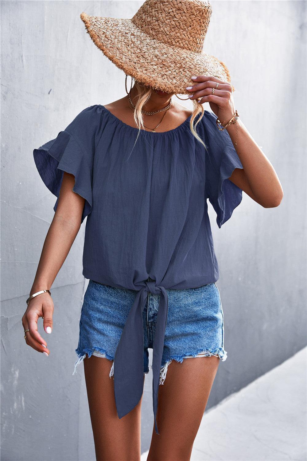 Deceptive Charm Flutter Sleeve Tie Front Blouse - MXSTUDIO.COM