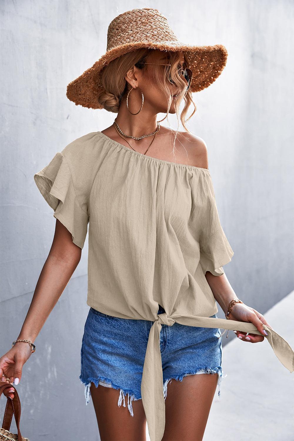 Deceptive Charm Flutter Sleeve Tie Front Blouse - MXSTUDIO.COM