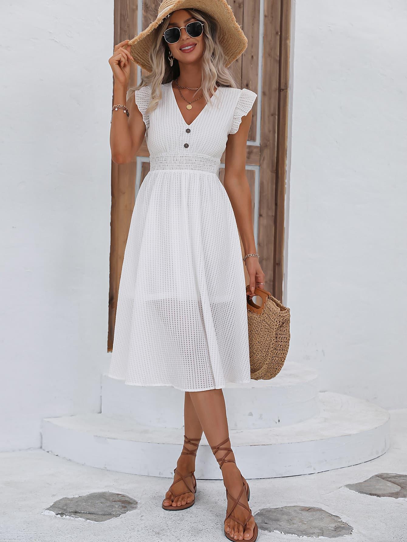 Deceptive Charm Midi White Flutter Sleeve Dress - MXSTUDIO.COM