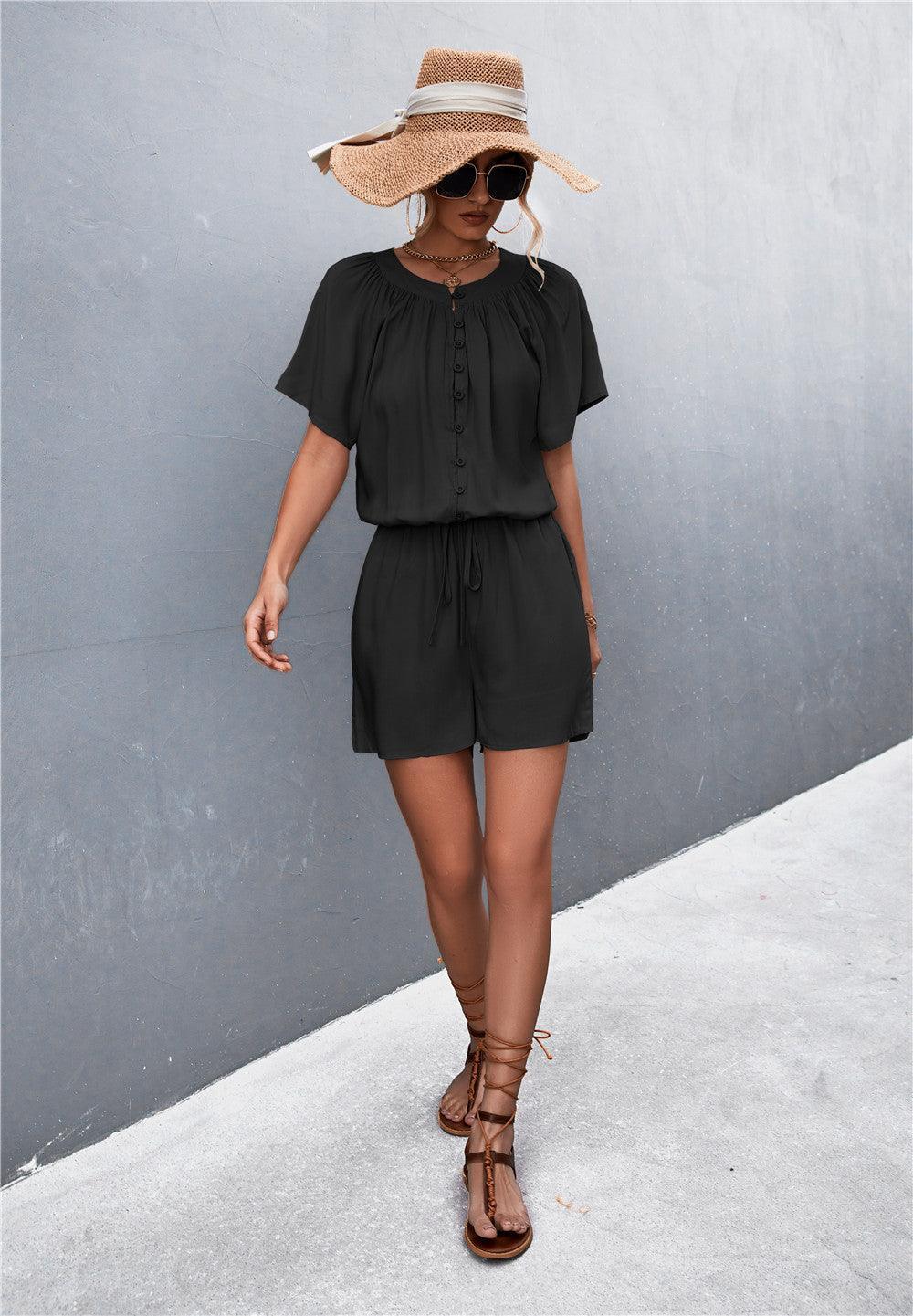 Decisive Buttoned Short Sleeve Romper - MXSTUDIO.COM