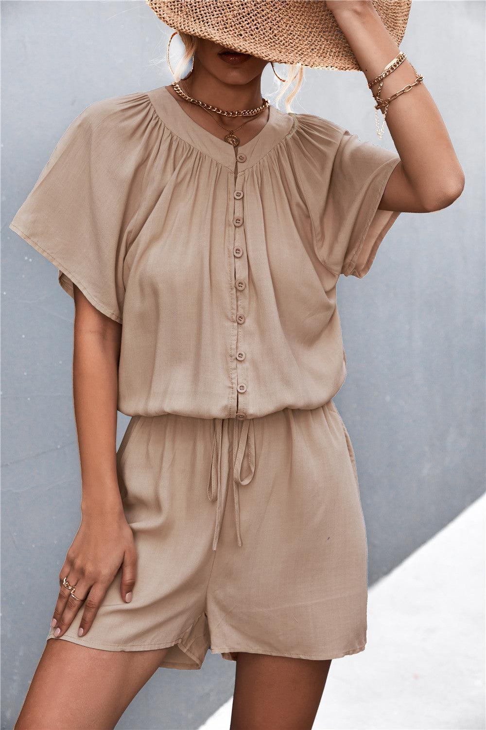 Decisive Buttoned Short Sleeve Romper - MXSTUDIO.COM