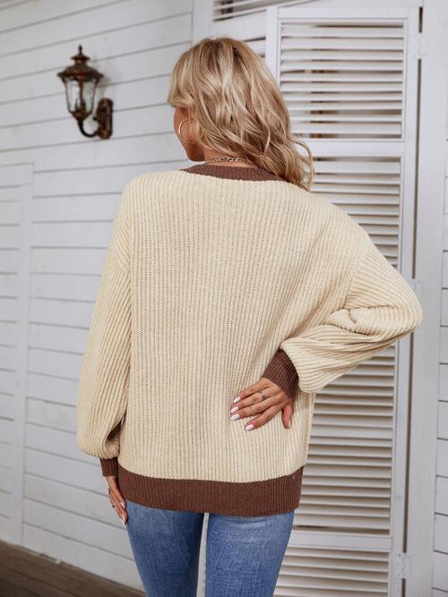 Decorative Button Balloon Sleeve Knit Sweater-MXSTUDIO.COM