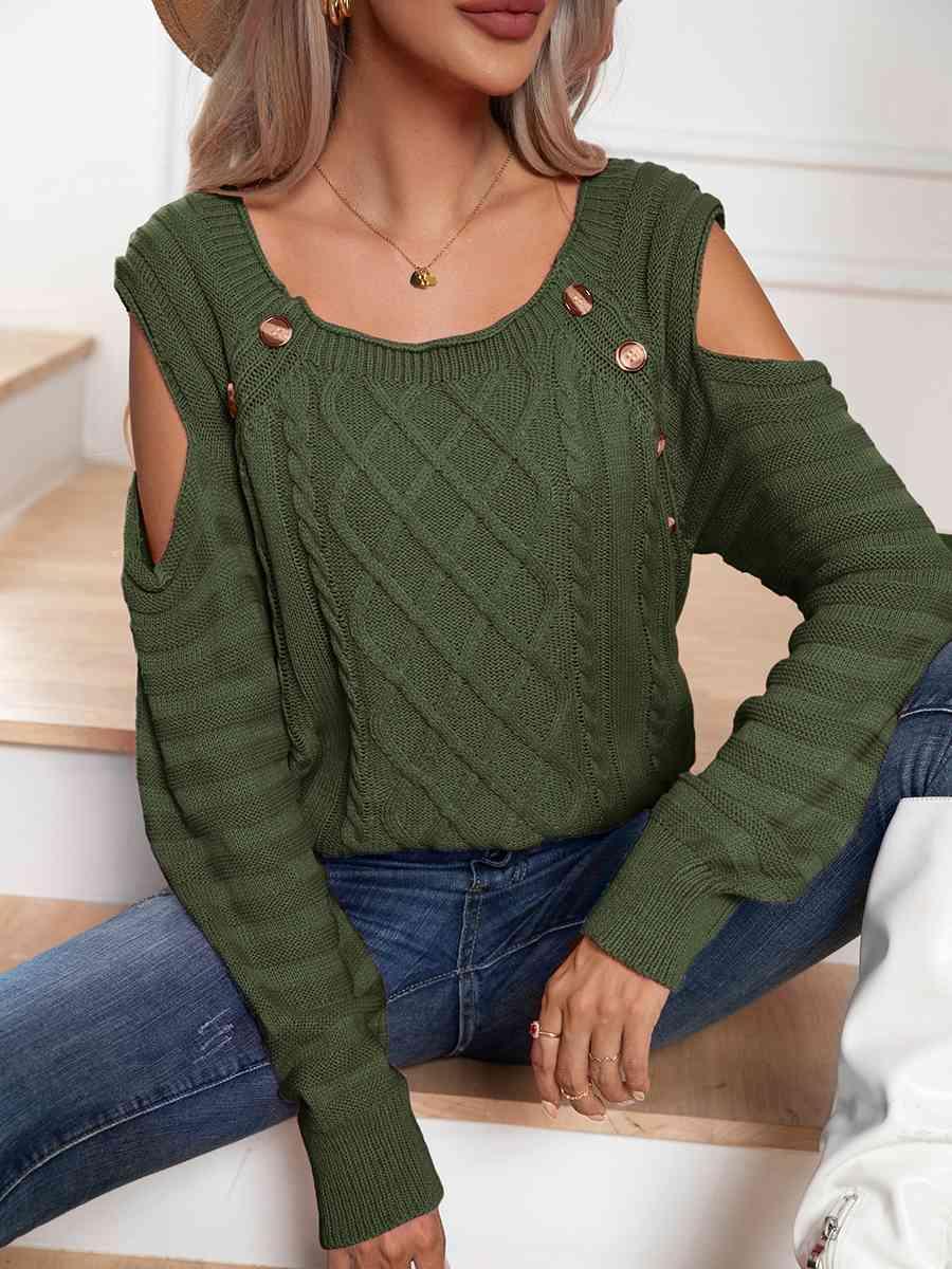 Decorative Button Knitted Cold Shoulder Sweater-MXSTUDIO.COM
