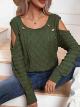 Decorative Button Knitted Cold Shoulder Sweater-MXSTUDIO.COM