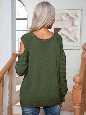 Decorative Button Knitted Cold Shoulder Sweater-MXSTUDIO.COM