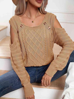 Decorative Button Knitted Cold Shoulder Sweater-MXSTUDIO.COM