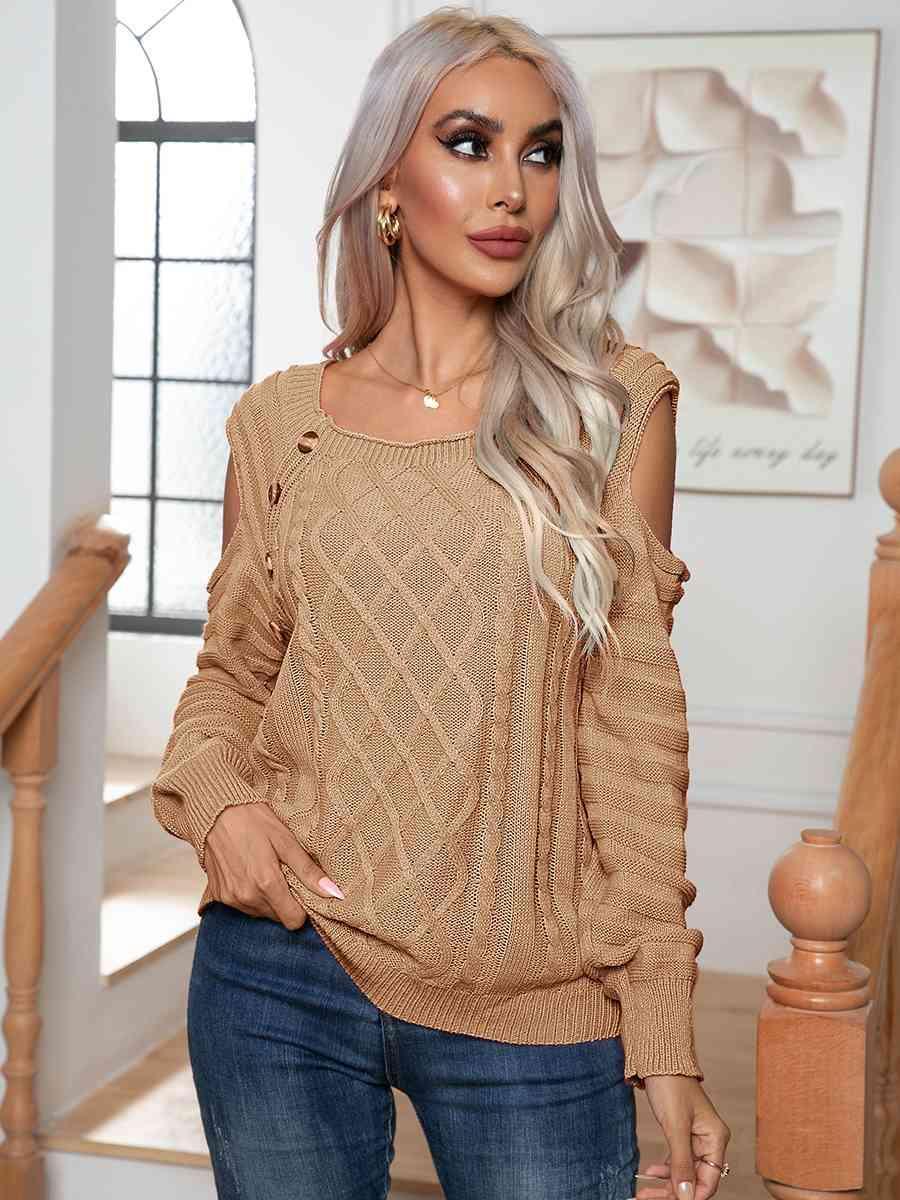 Decorative Button Knitted Cold Shoulder Sweater-MXSTUDIO.COM