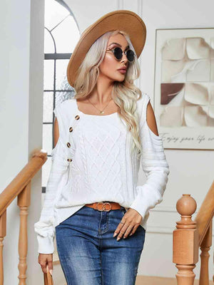 Decorative Button Knitted Cold Shoulder Sweater-MXSTUDIO.COM