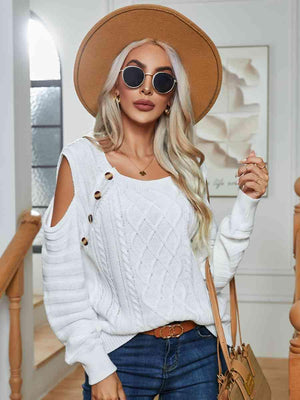 Decorative Button Knitted Cold Shoulder Sweater-MXSTUDIO.COM