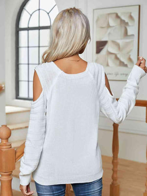 Decorative Button Knitted Cold Shoulder Sweater-MXSTUDIO.COM