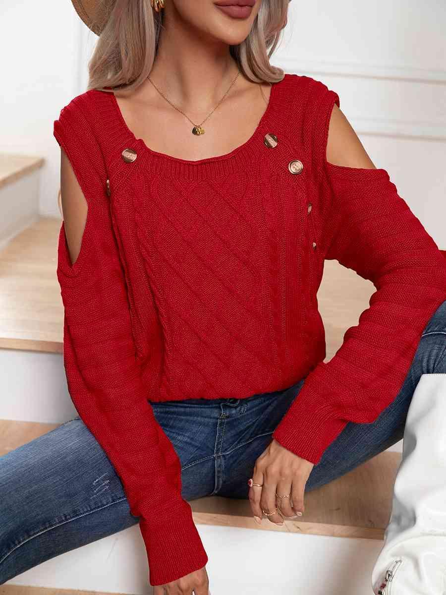 Decorative Button Knitted Cold Shoulder Sweater-MXSTUDIO.COM