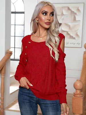 Decorative Button Knitted Cold Shoulder Sweater-MXSTUDIO.COM