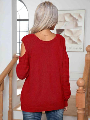 Decorative Button Knitted Cold Shoulder Sweater-MXSTUDIO.COM