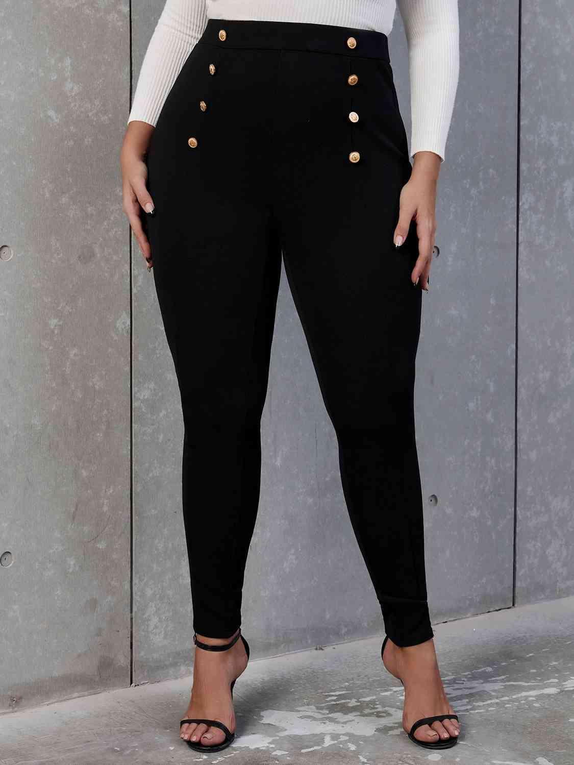 Decorative Button Plus Size Black Skinny Pants - MXSTUDIO.COM