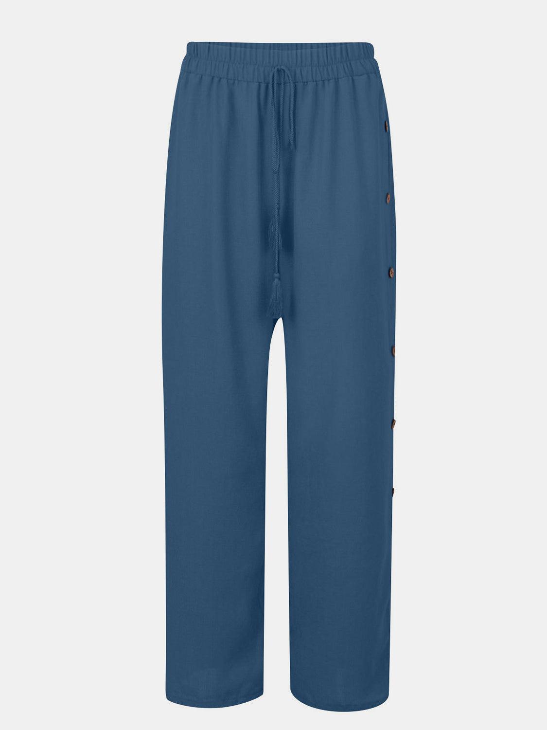 a blue pants with buttons on the side