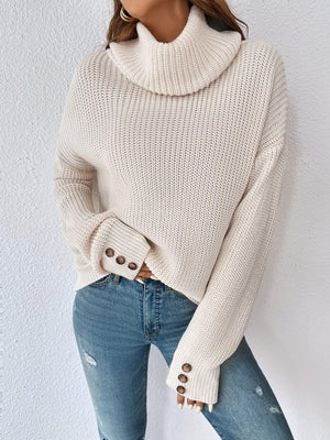 Decorative Buttons Women's Turtleneck Sweater - MXSTUDIO.COM